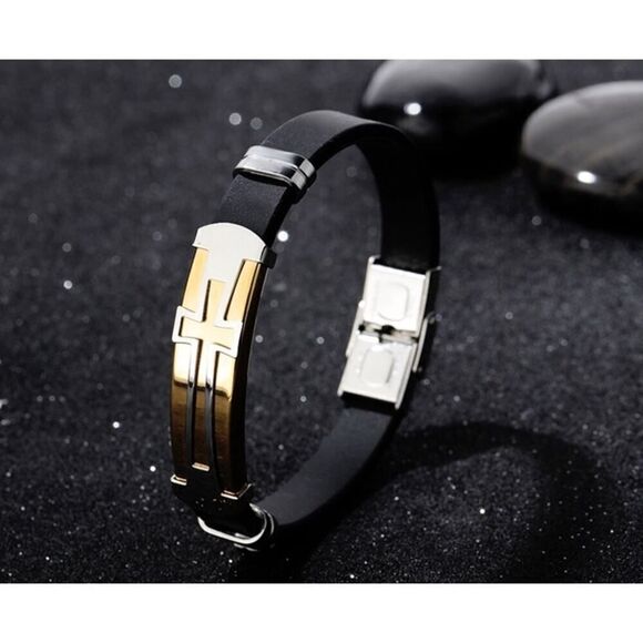 Gold and Silver Stainless Steel Cross Bracelet - Picture 4 of 5